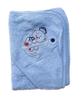 Toalla bebé algodón con Capucha celeste oso 80x80