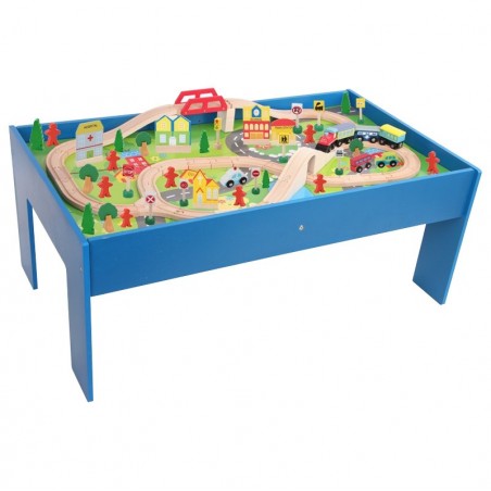 Mesa Educativa azulCon pista de trenes de madera Mesa Educativa azulCon pista de trenes de madera